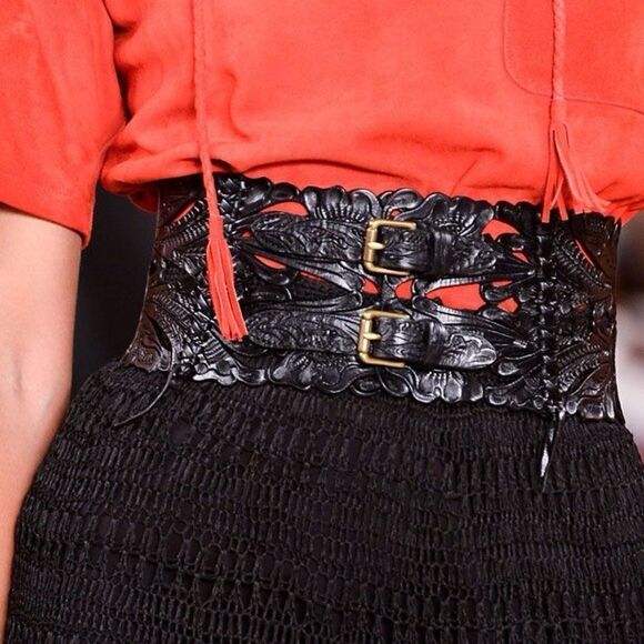 Ralph Lauren Collection * Spring 13 Black Western Tooled Leather Contour Belt - Picture 1 of 17